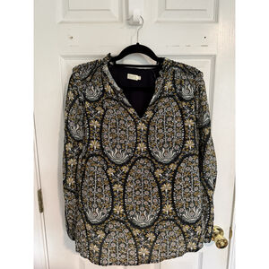 Spartina 449 Floral Tunic Blouse Size Small Black Gold Long Sleeve Boho